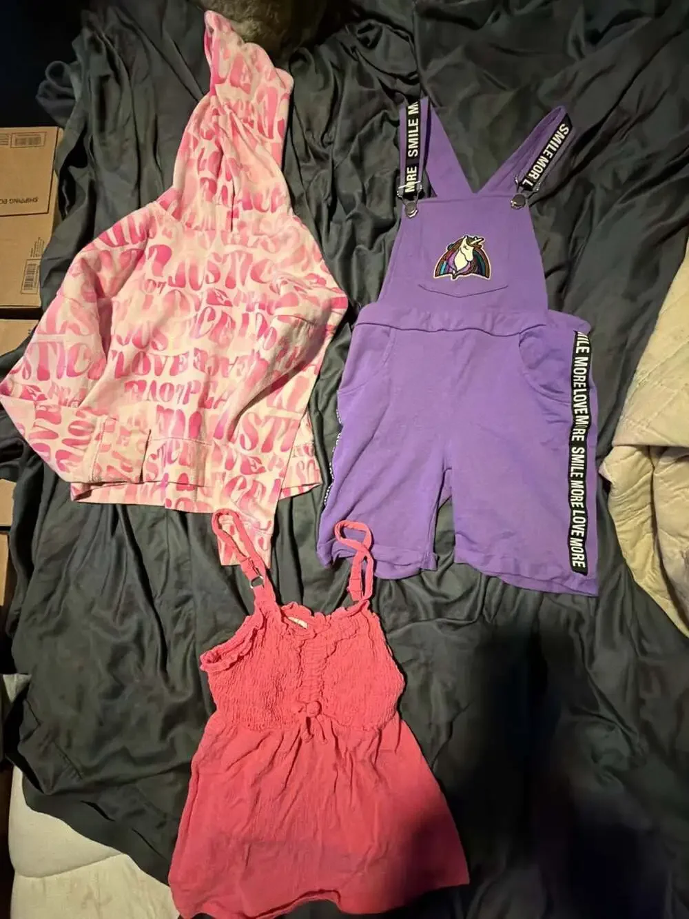 3pc girls 7/8 bundle justice hoodie, gar-animals overalls and  pink shirt